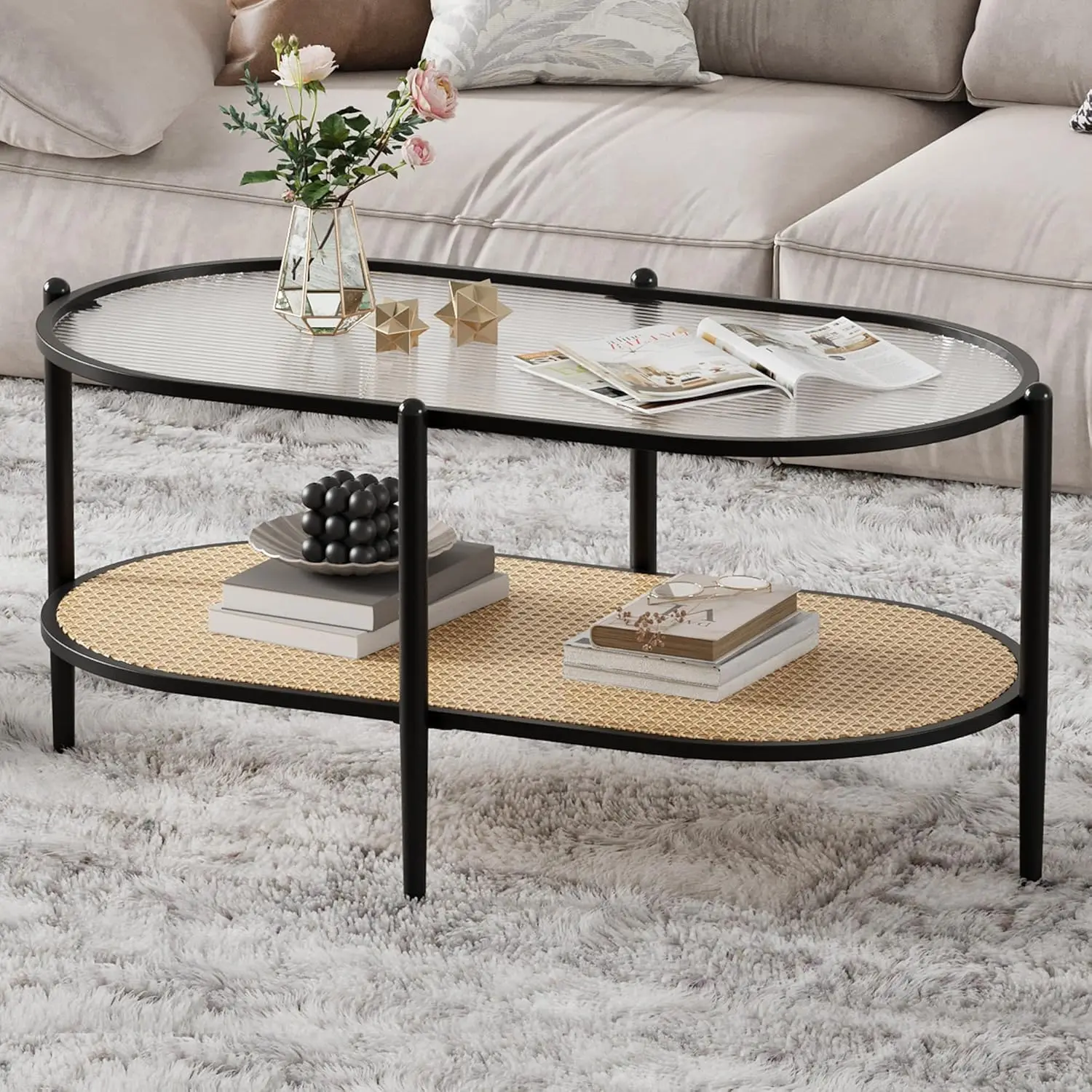 

BlackBohoFarmhouseOval CoffeeTable - Natural Rattan&Metal Frame with Tempered Water-Wave Glass Top&Storage Shelf for Living Room