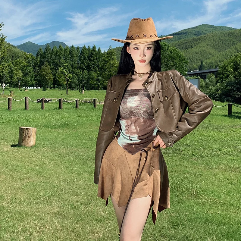 

Винтажный замшевый жилет для путешествий, юбка с асимметричным подолом, высокая талия, 100% полиэстер, однотонная, осенний сезон