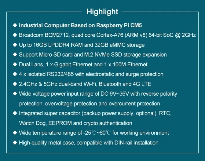 ED-IPC3120 Industrial Computer Based on Raspberry Pi CM5 Broadcom BCM2712 Micro SD card and M.2 NVMe SSD storage expansion