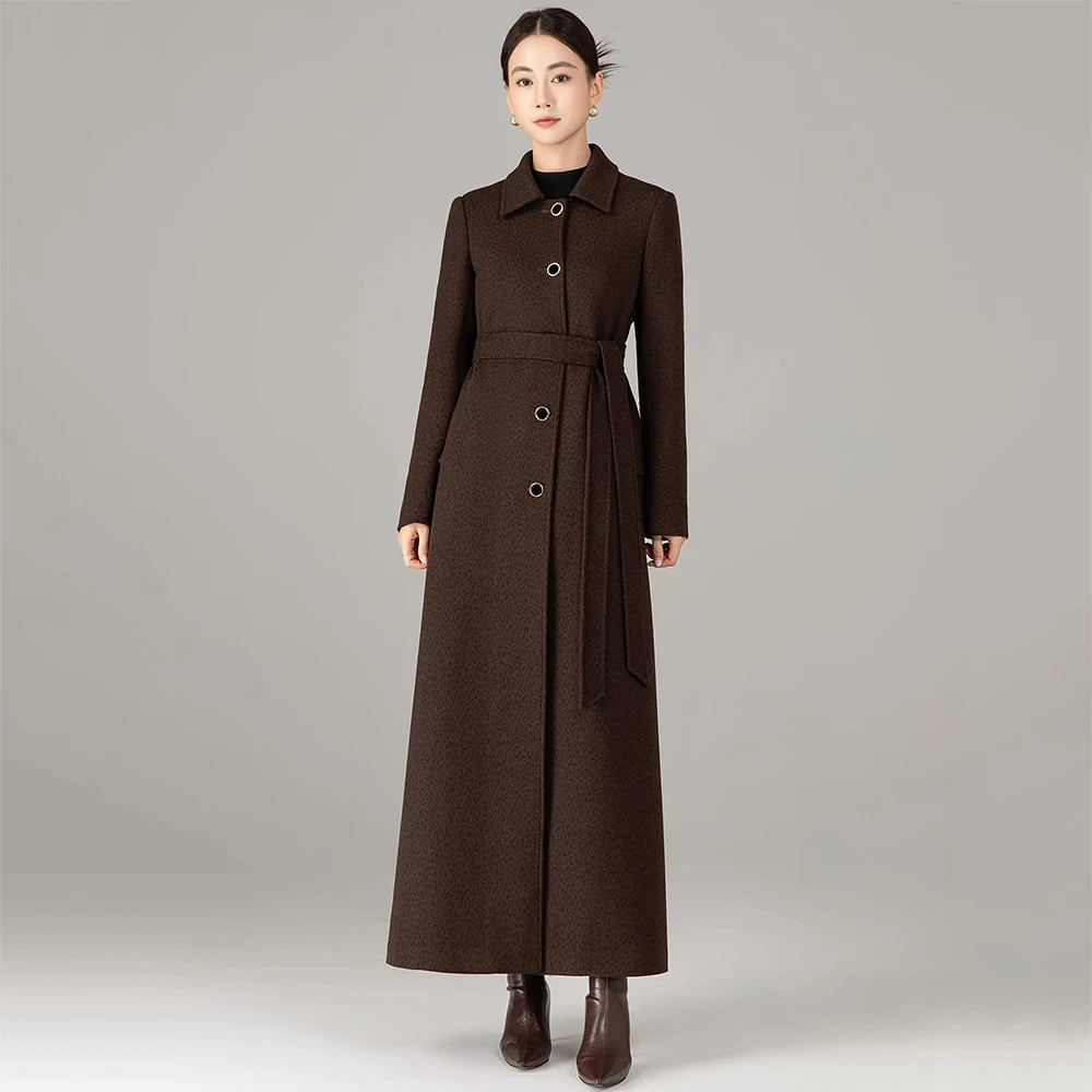 

New Women Elegant Dark Leopard Woolen Coat Autumn Fashion Turn-down Collar Single Breasted Slim Waist Wool Blended Coat Female