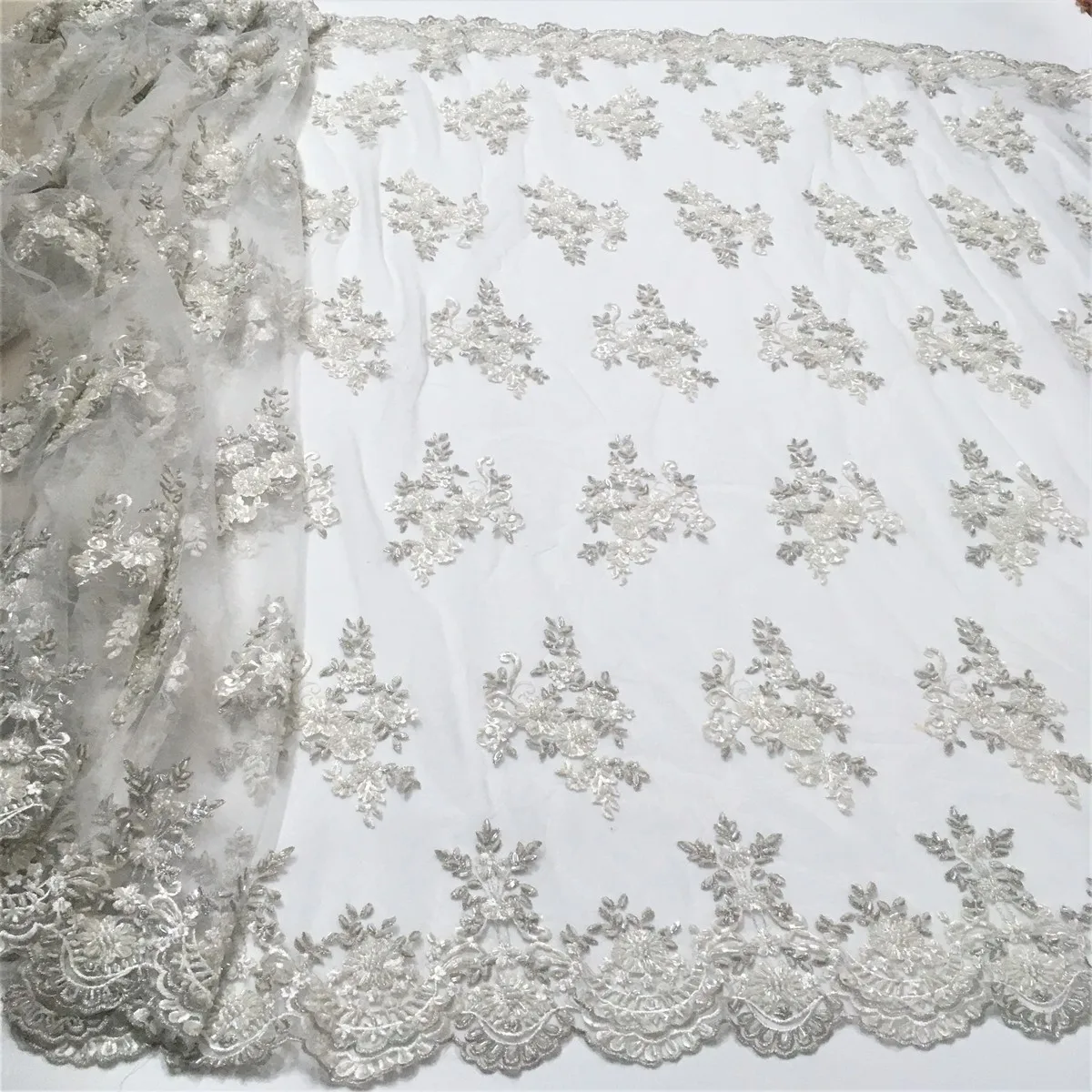 Luxury Handmade Beaded Applique Bridal Lace Fabric Silver Embroidery Flowers and Leaves Sequins High-end Dress Fabric Lace LW013