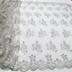 Luxury Handmade Beaded Applique Bridal Lace Fabric Silver Embroidery Flowers and Leaves Sequins High-end Dress Fabric Lace LW013