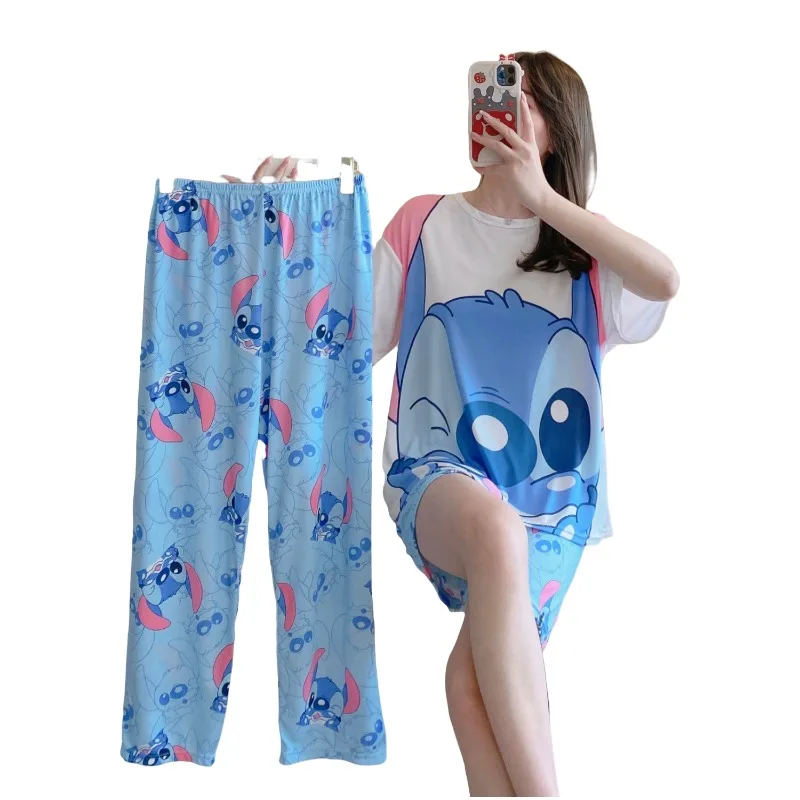 بدلة بيجامة ديزني ليلو وستيتش مكونة من ثلاث قطع وإكسسوارات شخصيات كرتونية بدلة بيجامة منزلية مريحة للفتيات كاواي