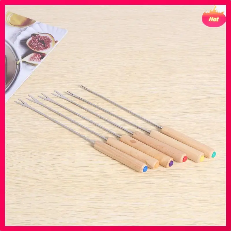 

ABYP 180X Stainless Steel Color Coding Chocolate Fountain Cheese Fondue Forks With Oak Wood Handle Heat Resistant 9.5Inch