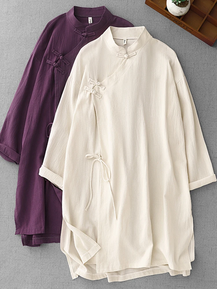 Nuovo abito cinese con colletto alla coreana Zen vintage primaverile da donna in cotone e lino
