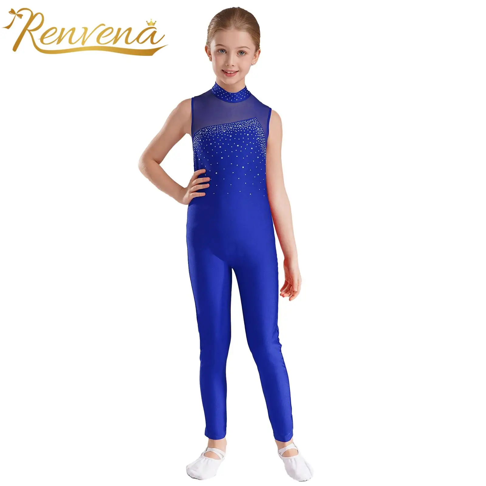 

Kid's Jumpsuit Sleeveless Bodysuit Teens Rhinestone Gymnastics Leotards For Girls Children Ballet Figure Ice Skating Jumpsuits