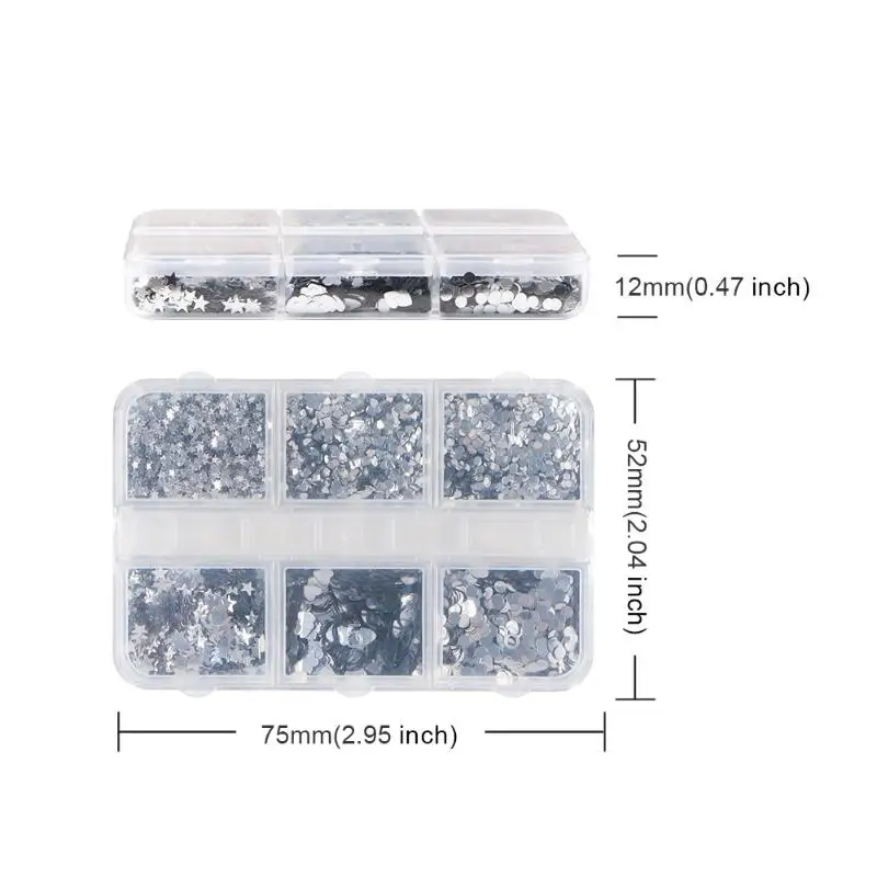 6 Grids Silver Glitter Love Star Nail Charms 3D Nail Decorations Jewelry For Nail Art Salon Manicure Supplies