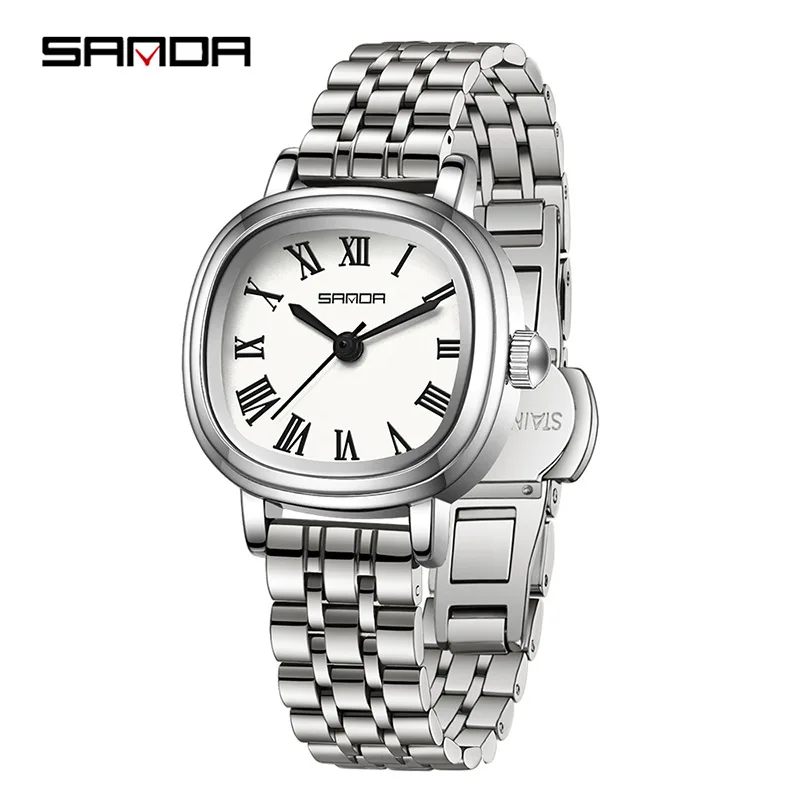 SANDA-Relógio quartzo feminino, ouro rosa, romano simples, visor analógico, pulseira de aço inoxidável, relógio de pulso feminino, moda elegante, 1137