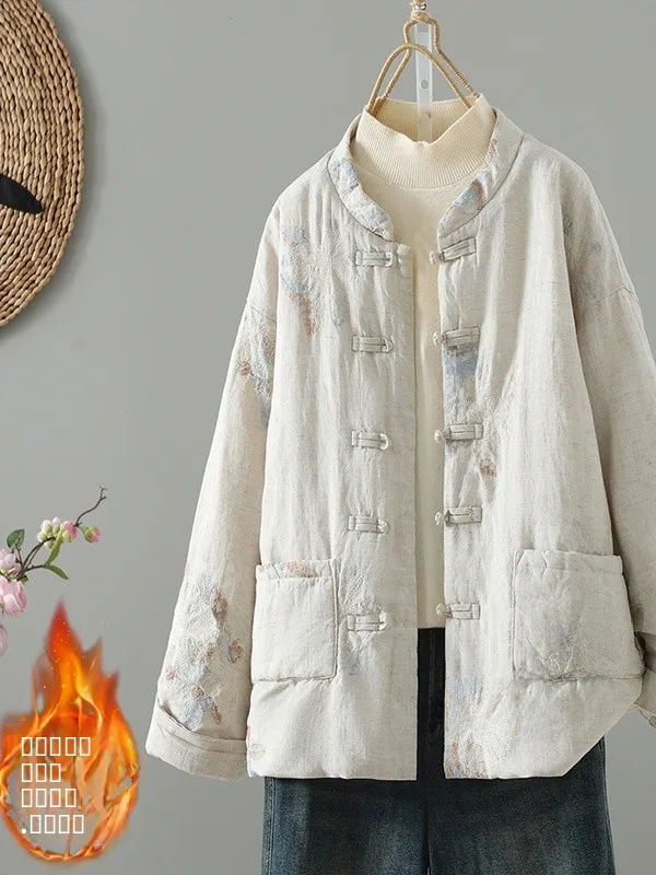 

Женское осенне-зимнее пальто Thiened Cotton Jaet, льняной хлопковый кардиган на пуговицах с цветочным принтом, свободный крой, длинный топ све