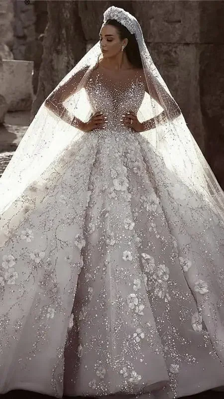 

Customized Dubai Ivory Long Sleeves Luxury Wedding Dresses Custom Made Sequined Handmade Flowers Sexy Bridal Gown Custom Made