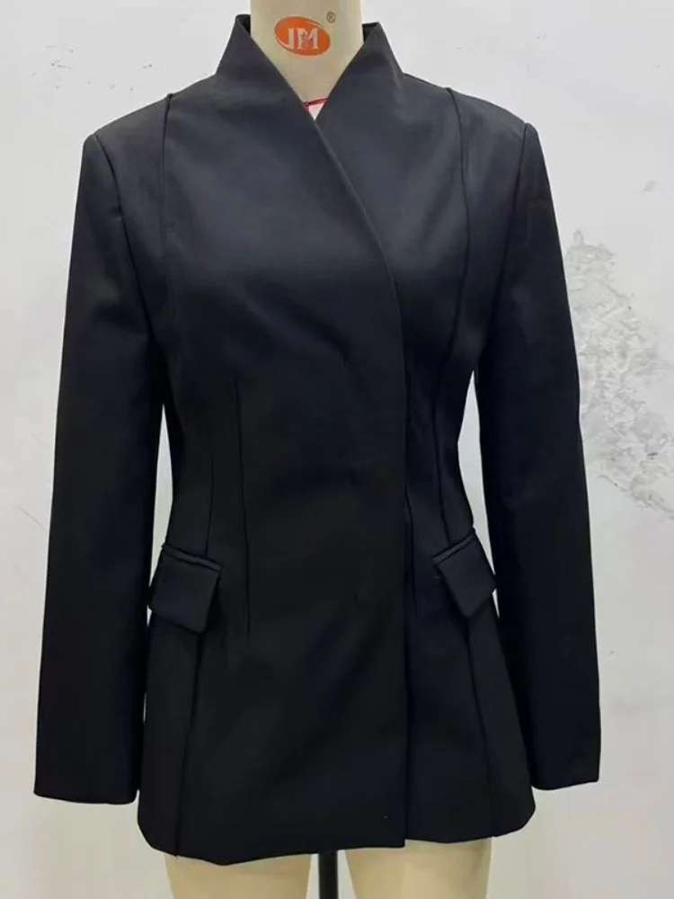 Ležérní sako s stojáčkem, dámský oblek, plný rukáv, knoflíky, pas, bundy s vysokým pasem, kalhoty na zip, volné kalhoty, obleky 2025 - náhled 6