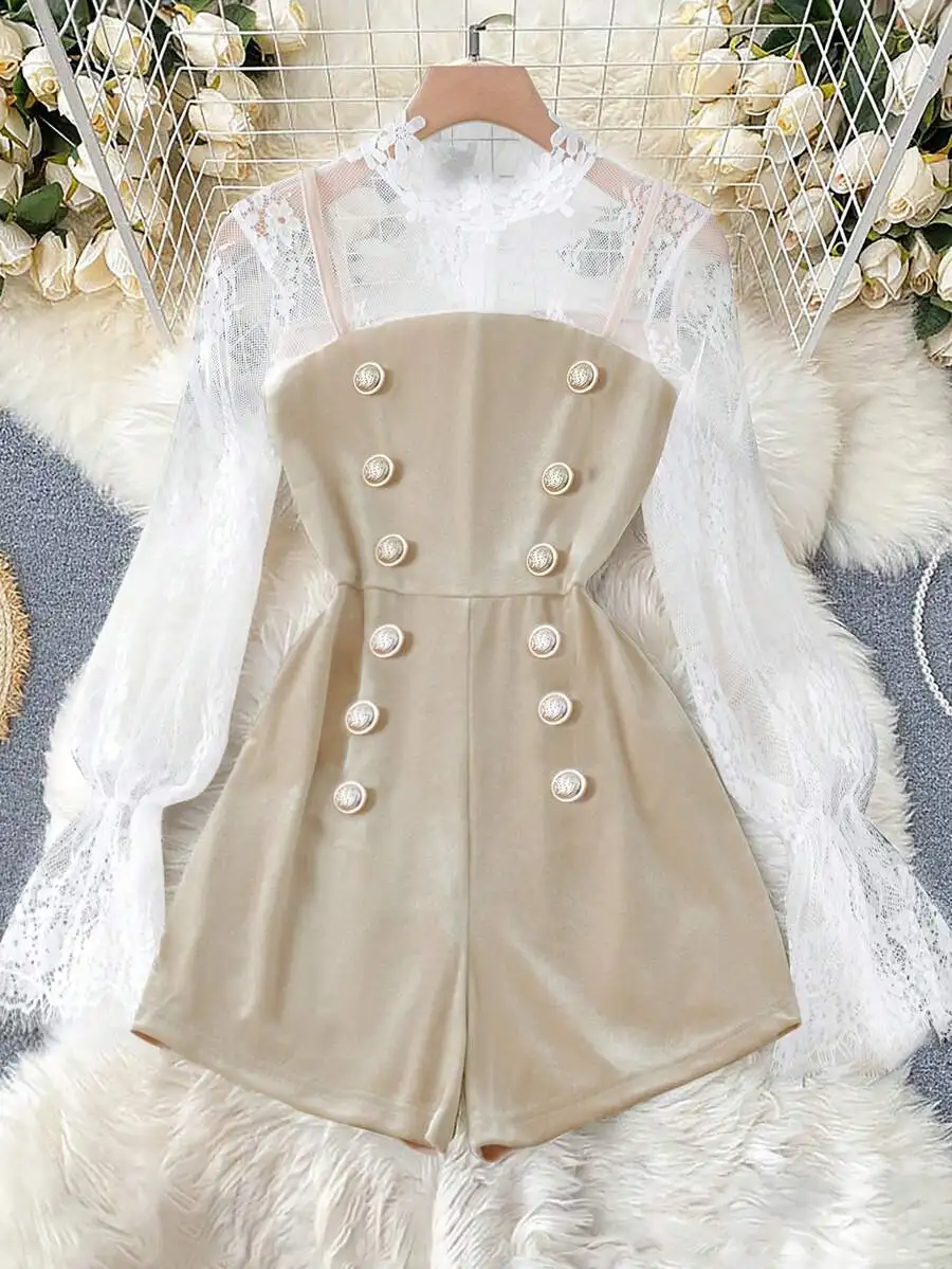 

Black Velvet Jumpsuit With Lace Trim And Decorative Buttons Women Elegant Fitted Long Sleeve Outfit