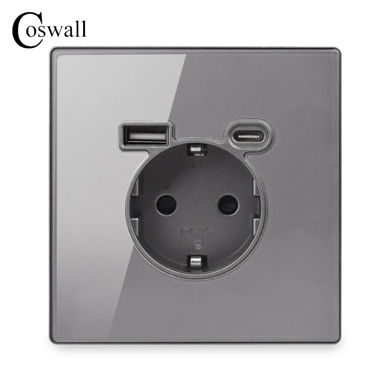 Coswall Glass Panel Full Screen Integrated EU Standard 16A Flame Retardant Wall Power Outlet With Type A-C 2usb Charging Port