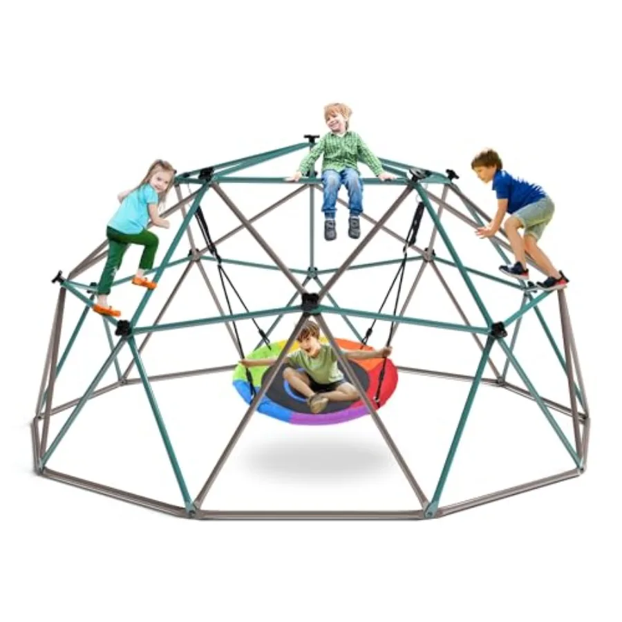 

10-футовый игровой комплекс-купол с качелями-тарелками и элементами для лазания для улицы и двора, зеленый и коричневый, выдерживает до 360 кг, устойчив к ржавчине