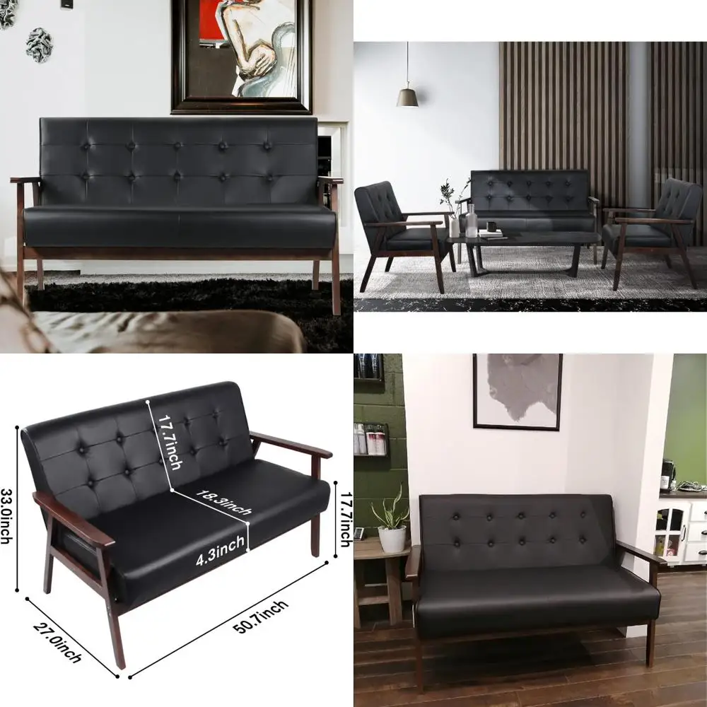 

Modern Wooden Leather 2-Seat Sofa, Minimalist Loveseat for Home Office, Sturdy and Long-Lasting Couch