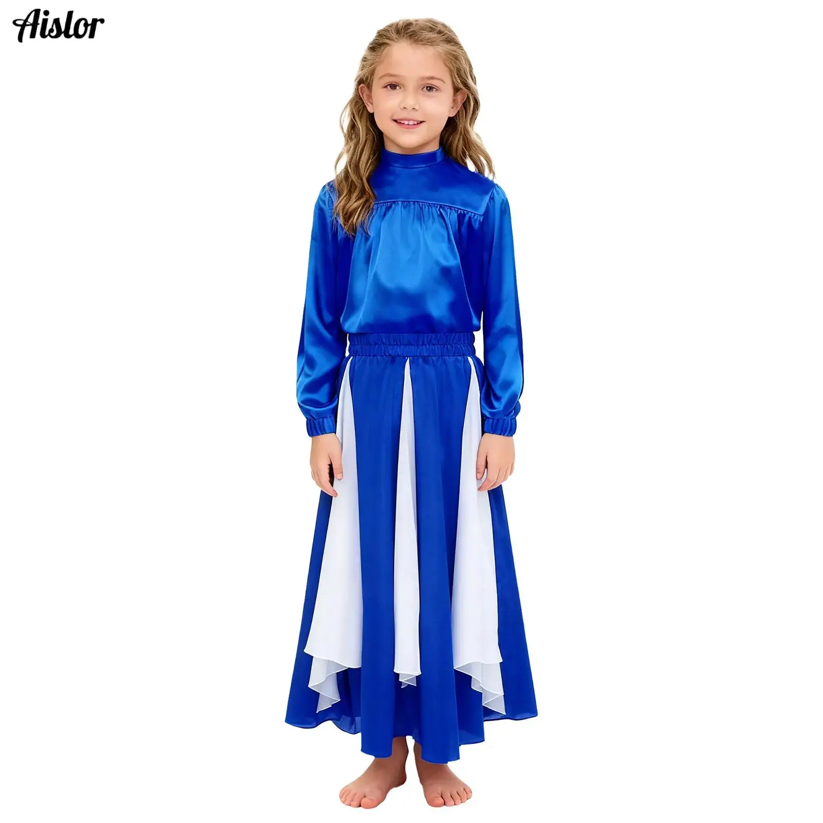 

Kids Girls Liturgical Praise Dance Outfit 2-Piece Long Sleeve Satin Top+Color Block Wide Hemline Chiffon Panel Satin Skirt Set