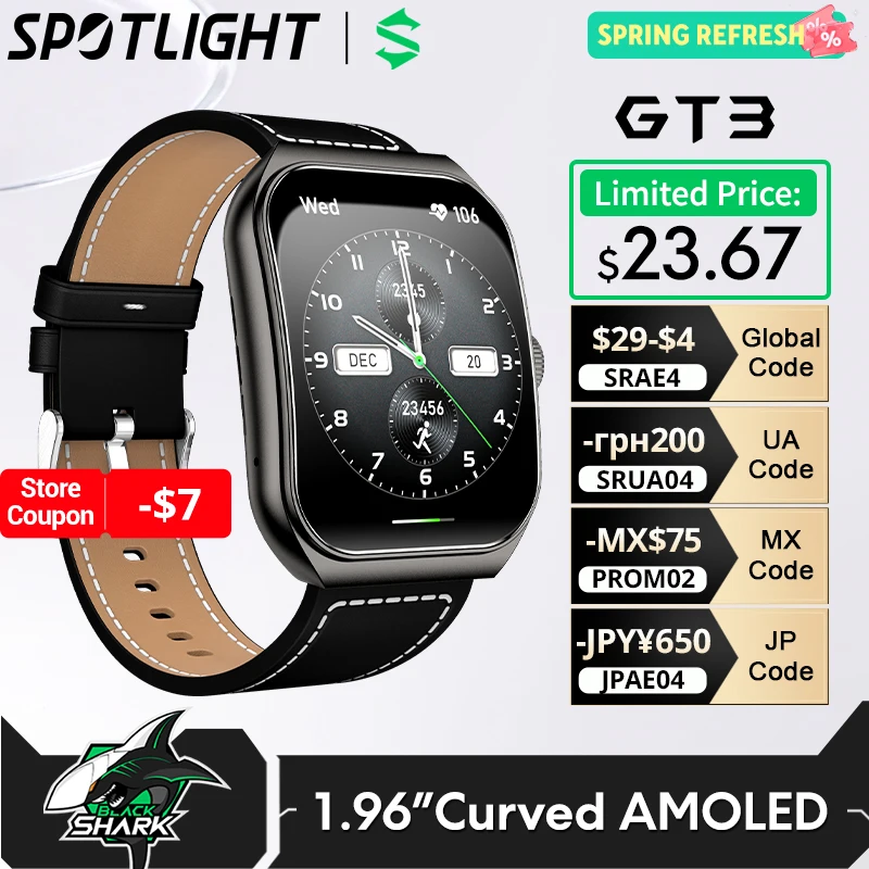 גרסה גלובלית BLACKSHARK GT3 שעון חכם 1.96 אינץ' תצוגת Amoled מעוקלת תמיכה בשיחת בלוטות' 100+ מצבי ספורט שעון גברים