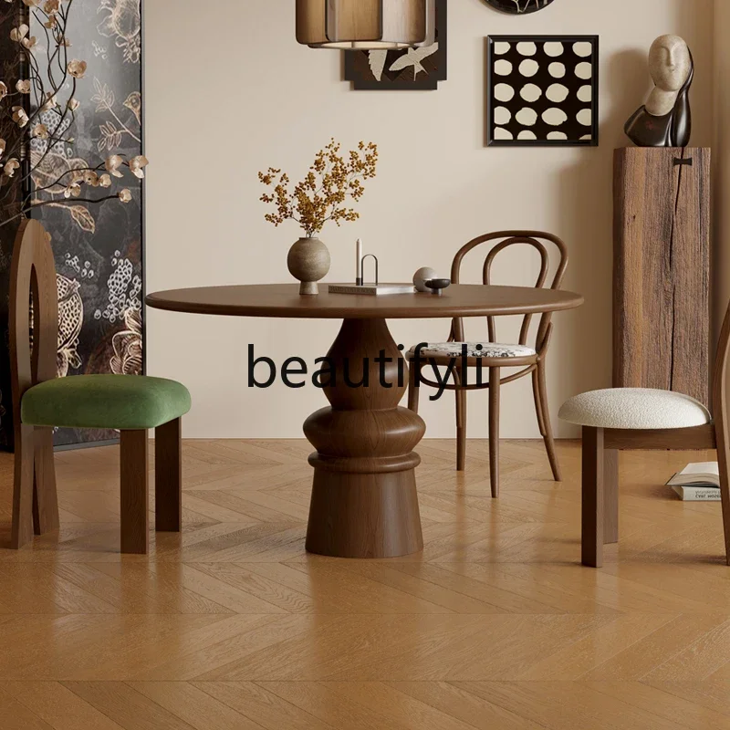 

YH03 Medieval solid wood round dining table Household walnut color creative French retro round dining table
