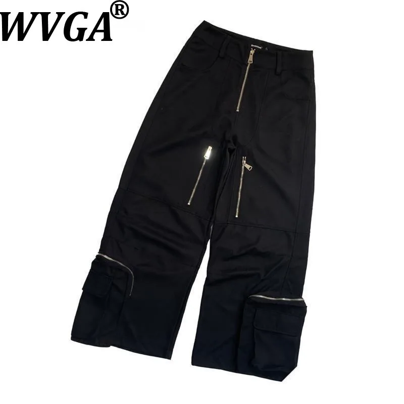 

WVGA Nerazzurri Black Large Pocket Multi-Zipper Deconstructed Design Loose Wide-Leg Pants ins W15426