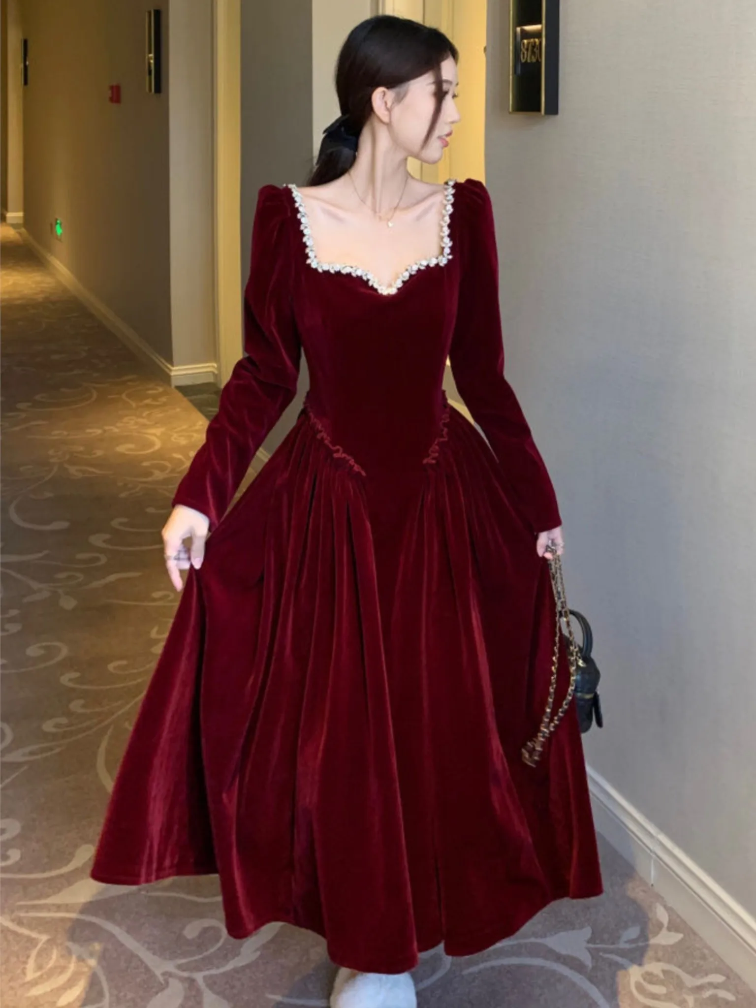 Fashion Burgundy Wedding Evening Midi Dress Woman\'s France Elegant One Piece Birthday Robe Spring Velvet Clothes Mujers