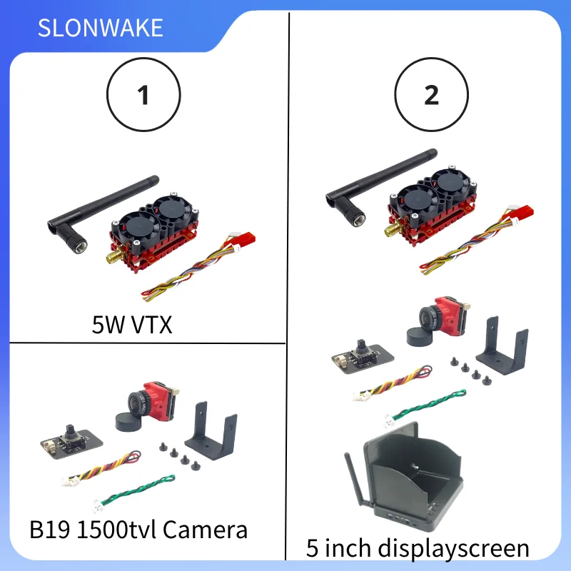 SLONWAKE 5W 5.8G 48CH FPV VTX Módulo transmissor Ventilador de resfriamento duplo Microfone embutido com câmera 1500TVL e display HD de 5 polegadas