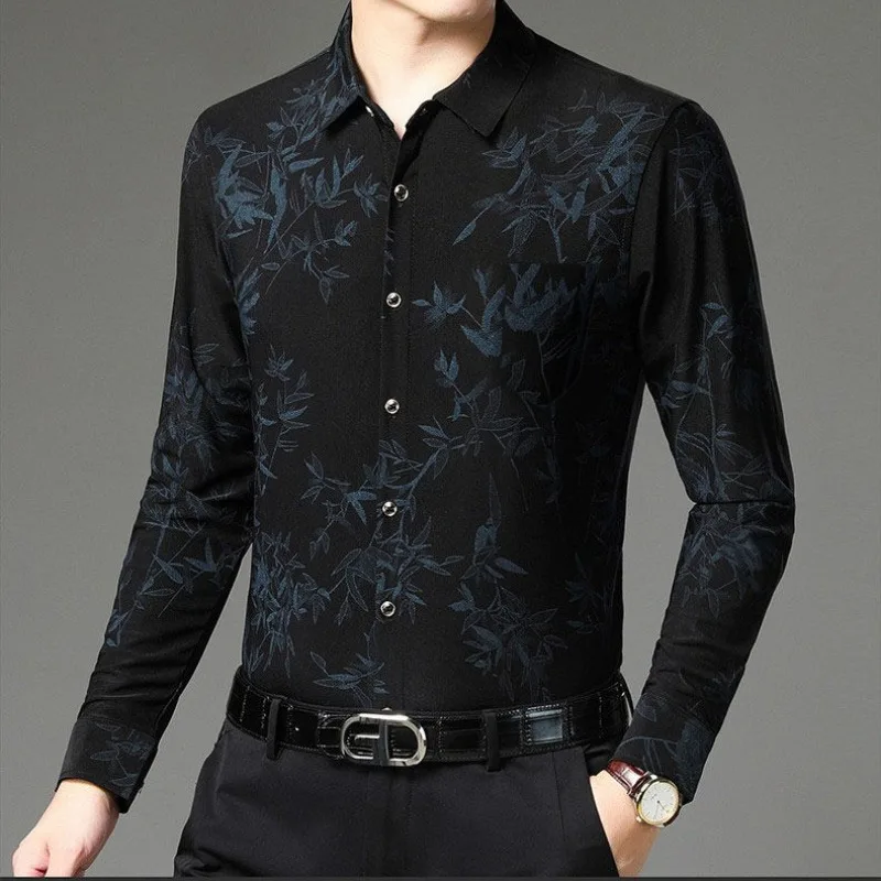 Autumn Winter Men's Turn-down Collar Solid Plant&Flowers Cartoon Printed Long Sleeve Button T-shirt Shirt Fashion Casual Tops