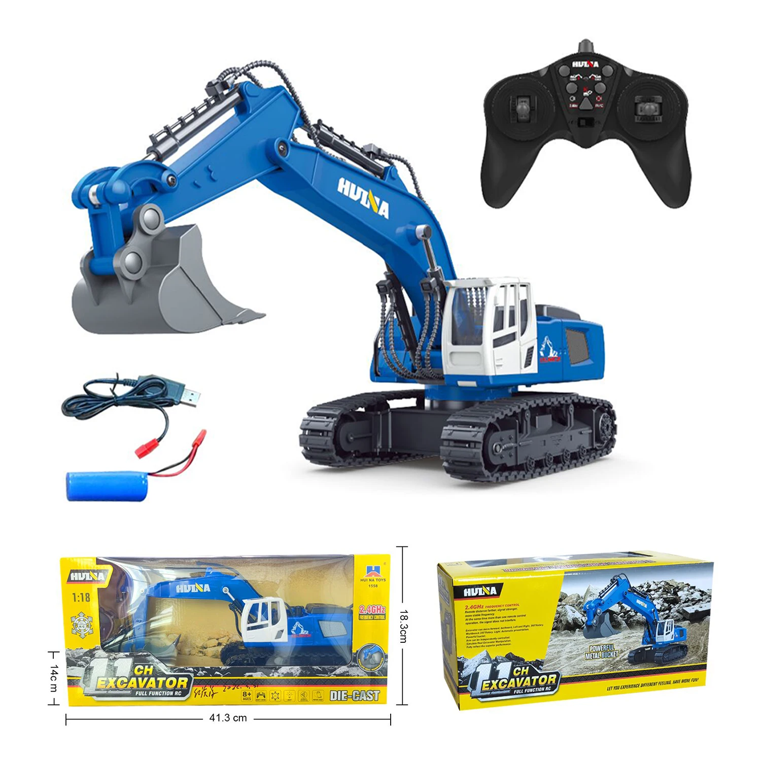 HUINA RC Excavator With Light 1558 Remote Control Car Alloy 11CH 1/18 Crawlers Engineering Vehicle Toys As Boy Gift