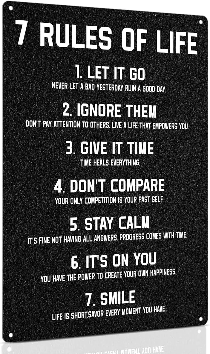 Inspirational Metal Sign for Teen Bedroom Decor - Motivational Wall Decor for Bedroom Office Girls, Boys, Teenager - 7 Rule sign