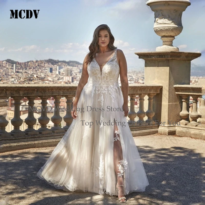 

MCDV Plus Size Wedding Dress A Line Sleeveless Backless Boho Glitter Tulle Appliques Side Split Custom Bridal Gowns for Bride