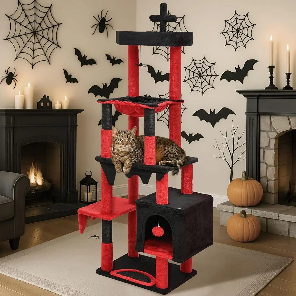 

Halloween Gothic Cat Tree, 66 Tall, Sturdy Play Tower with Bed, Hammock, Toys, Scratching Posts (Black & Red)