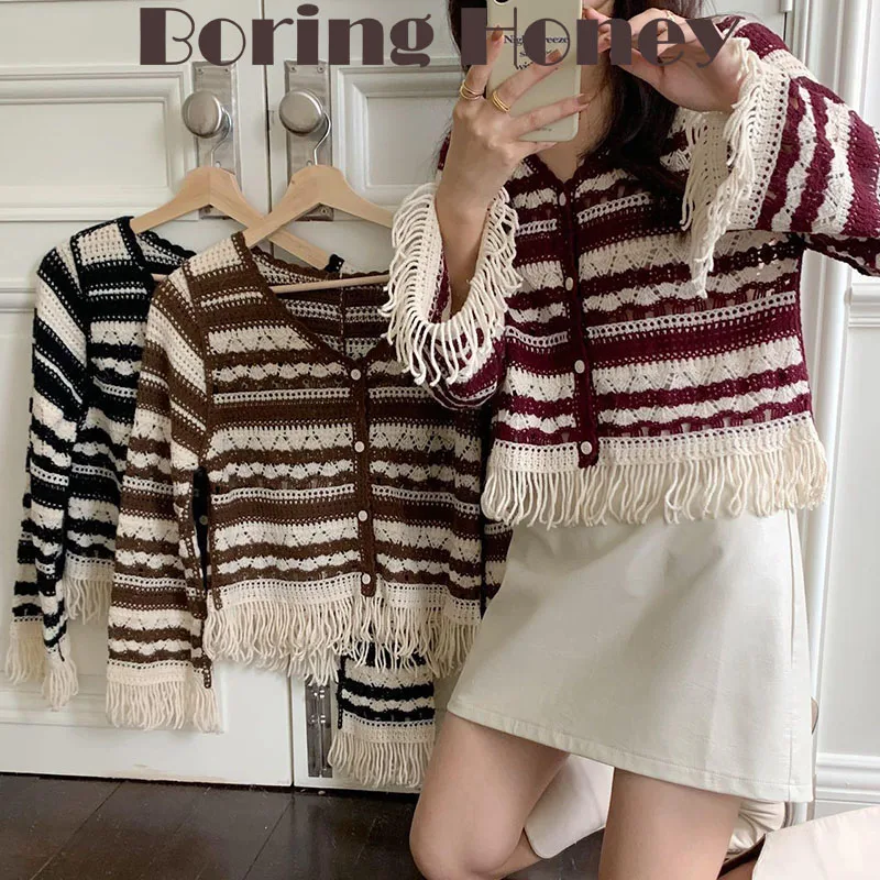 Boring Honey Spring New Women's Unique Boho Tops Stripe Tassel Short Cardigan T-Shirt Women Lace Embroidery Long Sleeves Outerwe