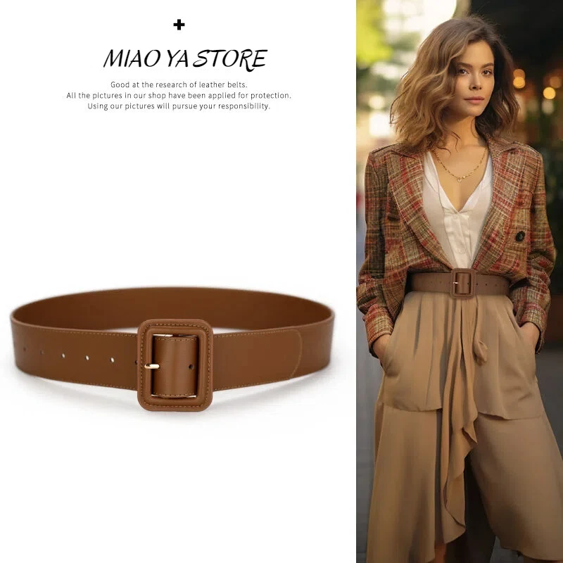 

Женский модный широкий ремень — пояс из натуральной кожи в стиле ретро с квадратной пряжкой, ремни с высокой талией для платьев, пальто