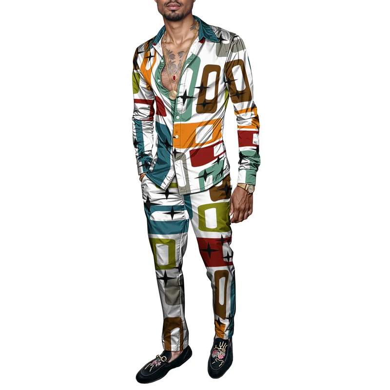 

2025 Trendy Spring Summer Men Shirt Set Brand Print Fashion Simple 2 Piece Mens Luxury Lightweight Party Long Sleeves Suit
