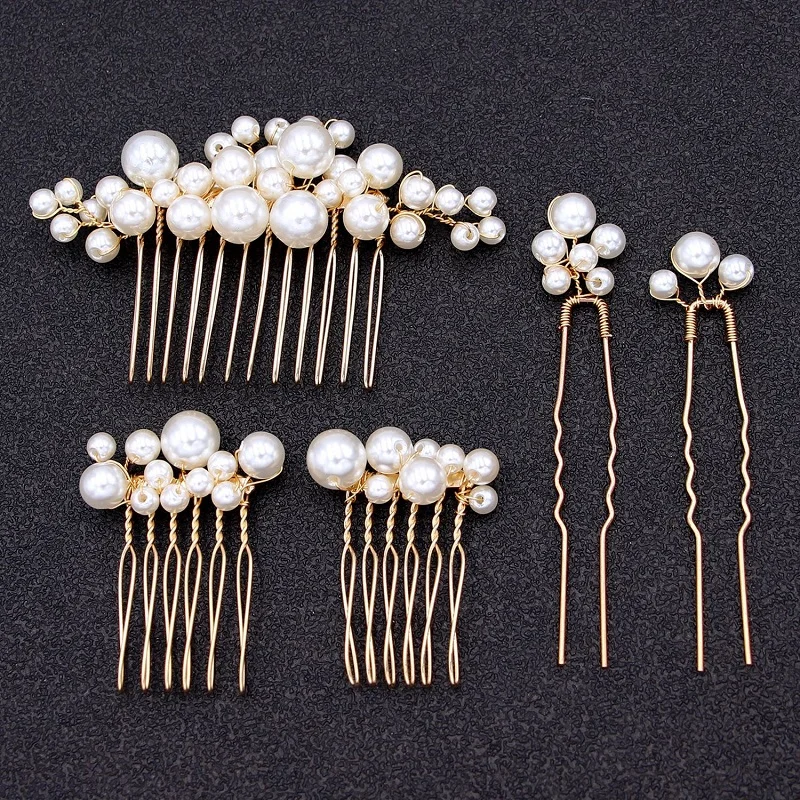 Floralbride Handmade Multi Simulated Pearls Bridal Hair Comb Hair Pins Stickers Set Wedding Hair Accessories Women Jewelry