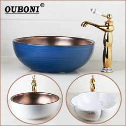OUBONI Ceramic Bathroom Sink Set Multiple styles Hand Painted Art Basin Gold Teapot Spout Hot Cold Vanity Top Sink Faucet