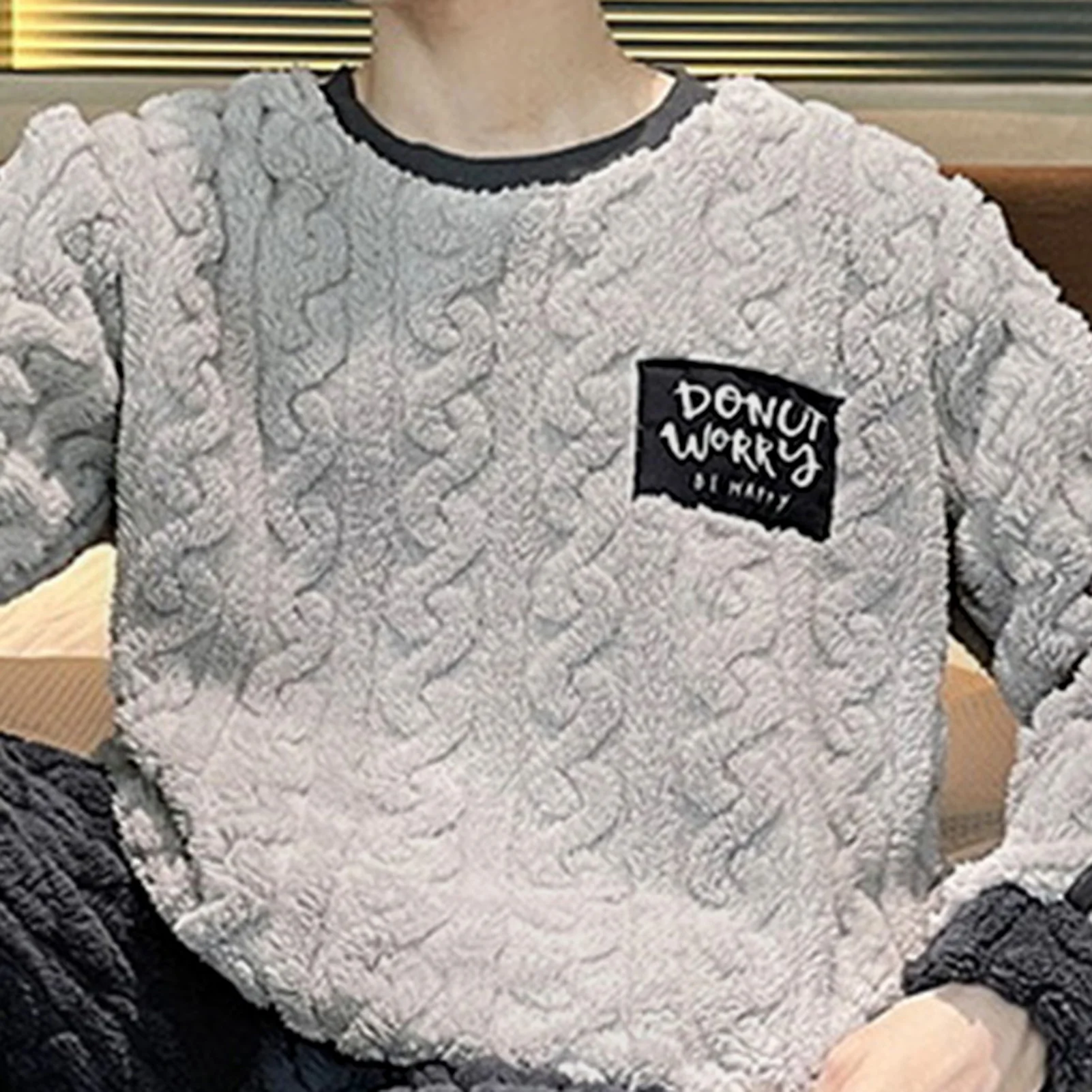 Men Winter Loungewear Men\'s Winter Loungewear Plush Warm Coat Coral Fleece Pants Set for Cozy Homewear Men Long Johns Set