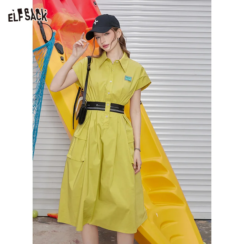 

ELFSACK 2024 Summer New Arrivals Work style waist cinched sleeveless dress with feminine temperament and casual A-line shirt ski