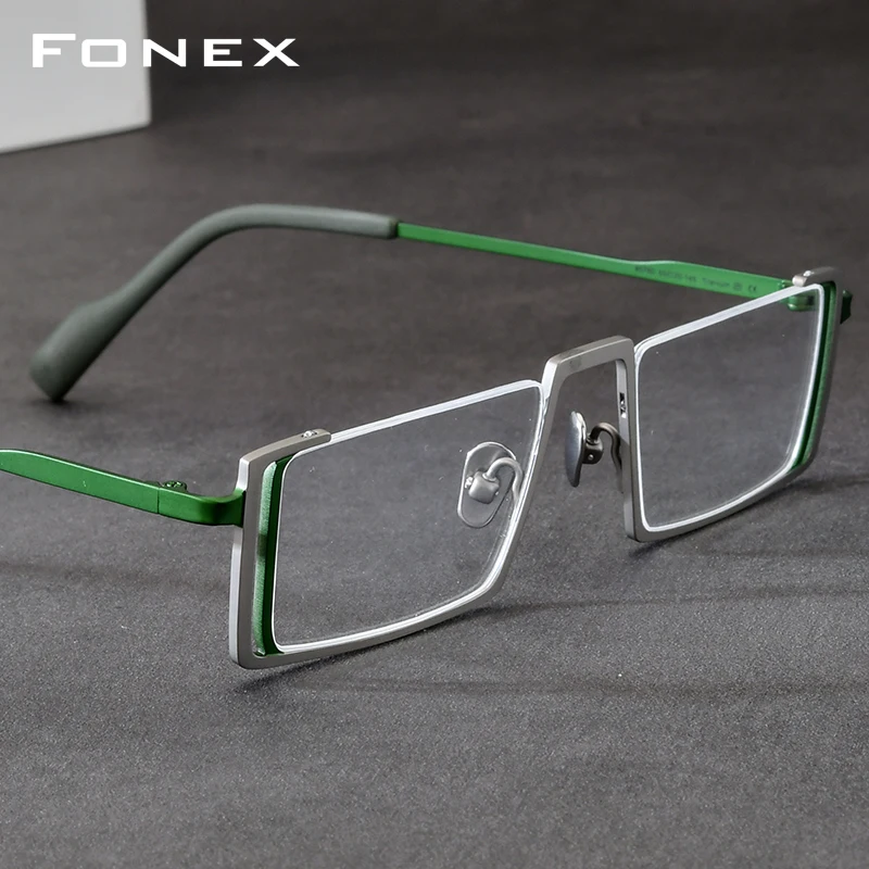 FONEX Titanium Eyeglasses Frame Men Brand Design Retro Square Glasses Small Vintage Half Rim Semi-Rimless Japanese Eyewear 85780