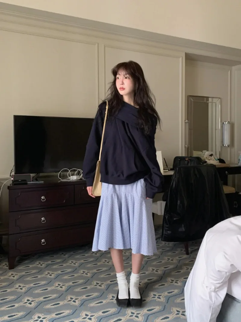 Korean Hoodie oulder Bared One-oulder Sweatirt Loose Fit Long  Pure Color Commute Friendly