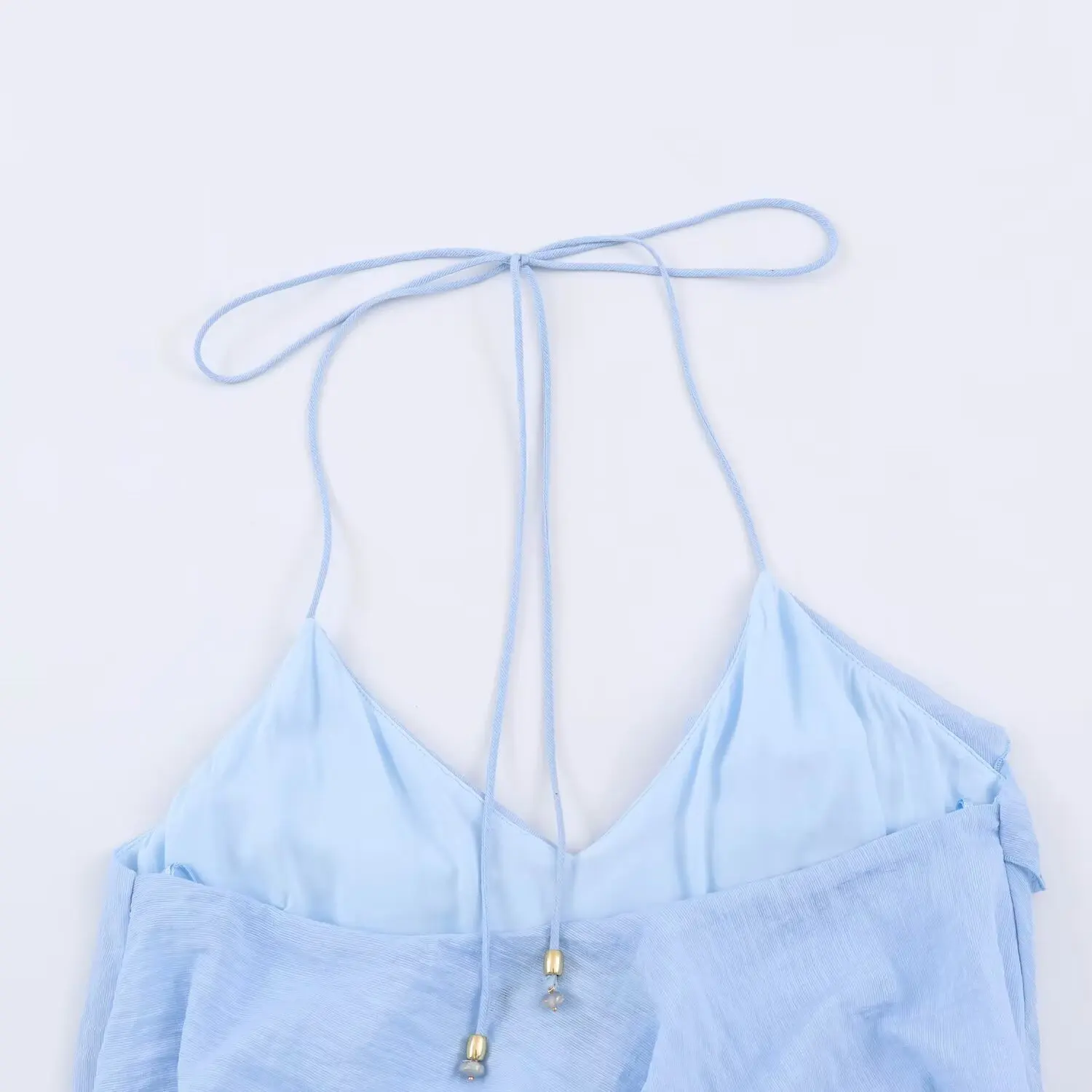 TFMLN Sommer Damen Neckholder-Minikleid, Lässiges Einfarbiges Rüschen-Stufenkleid, Ärmelloses Kurzes Kleid, Elegantes V-Ausschnitt Rückenfreies Damen-Outfit – Detail 11