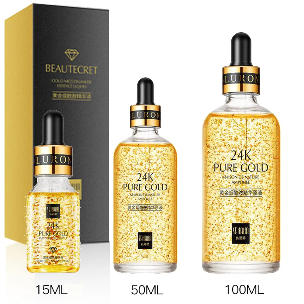 100ml Replenishment Moisturize Shrink Pore Brighten Lift Improve Fine Lines Firming Essence 24K Gold Hyaluronic Acid Face Serum