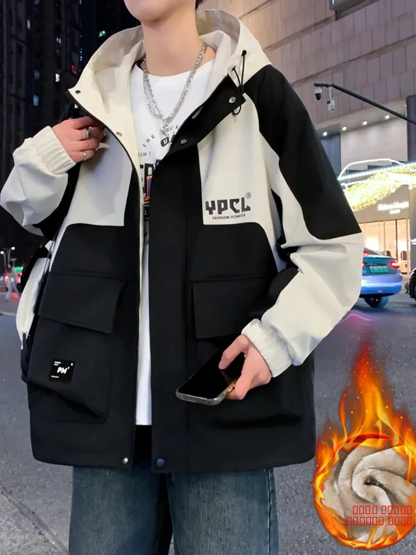 

Мужская рабочая куртка-пальто с утепленной флисовой подкладкой, с капюшоном, свободного кроя, осенне-зимняя, повседневная, молодежная, студенческая, на молнии