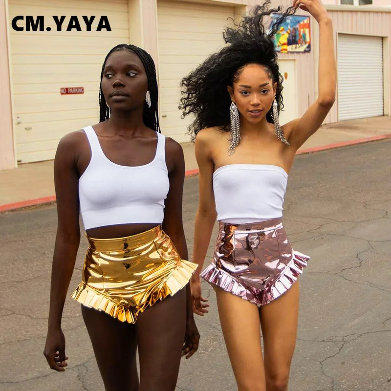 yayaさま専用 CM.YAYA Women Shorts Solid Ruffles Glossy Mid Waist Mini Shorts
