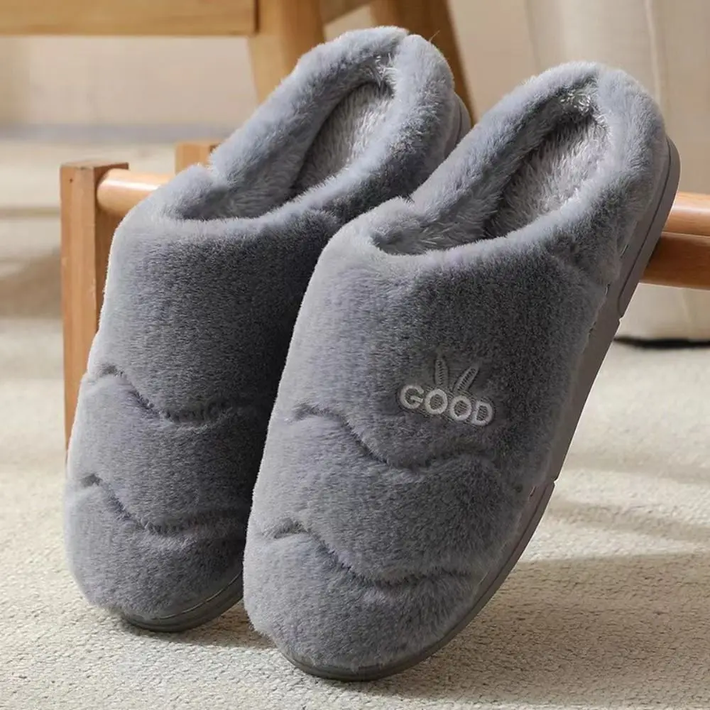 Zapatillas de felpa cálidas con bordado Kawaii para mujer, pantuflas de interior de invierno con letras de conejo, cómodas y esponjosas para el hogar