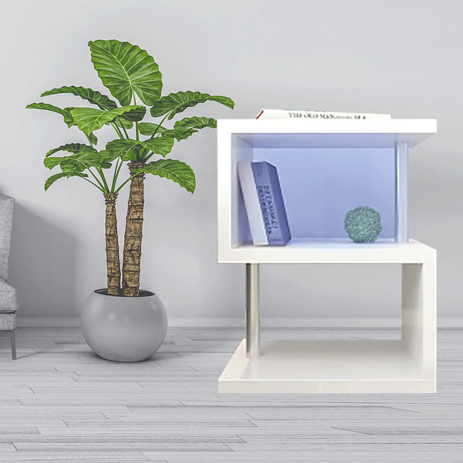 Bymaocar High Gloss Coffee Table Indoor 3 Tiers S-shaped Tea Table Nightstand Sofa Side End Storage Table w/ LED Light