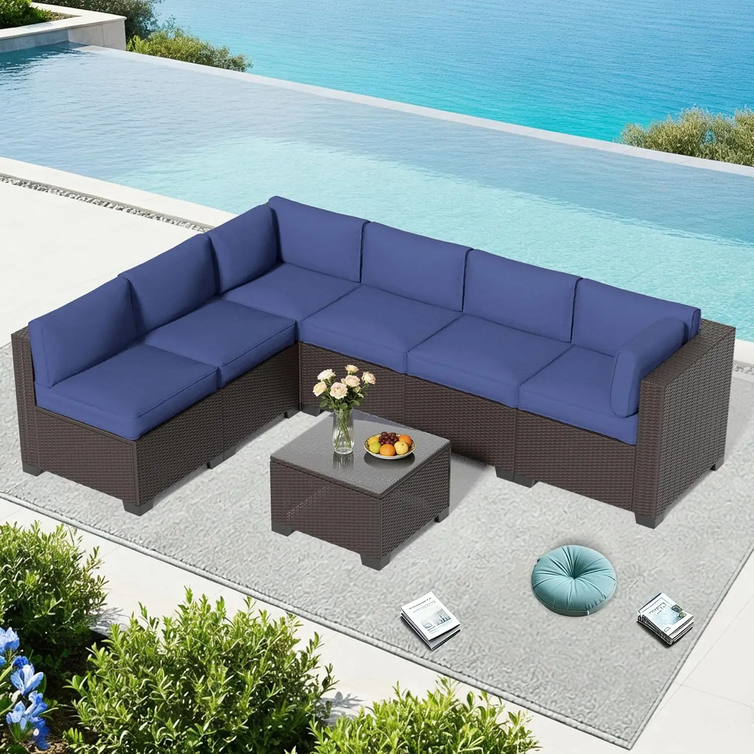 

7-Piece Outdoor Sectional Patio Furniture Set, All-Weather Wicker Rattan Sofa w/Thick Washable Cushions & Tempered, Custom