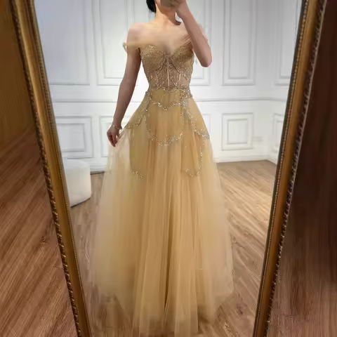 Wasisi Arabic Sage Green A-Line Off The Shoulder Beaded Evening Dress 2025 ELA72605 Customized