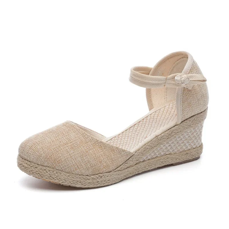 Sandálias de cânhamo sapatos femininos verão 2025 novo estilo senhora cunha conforto casual tornozelo cinta romana salto alto moda sandálias coreanas