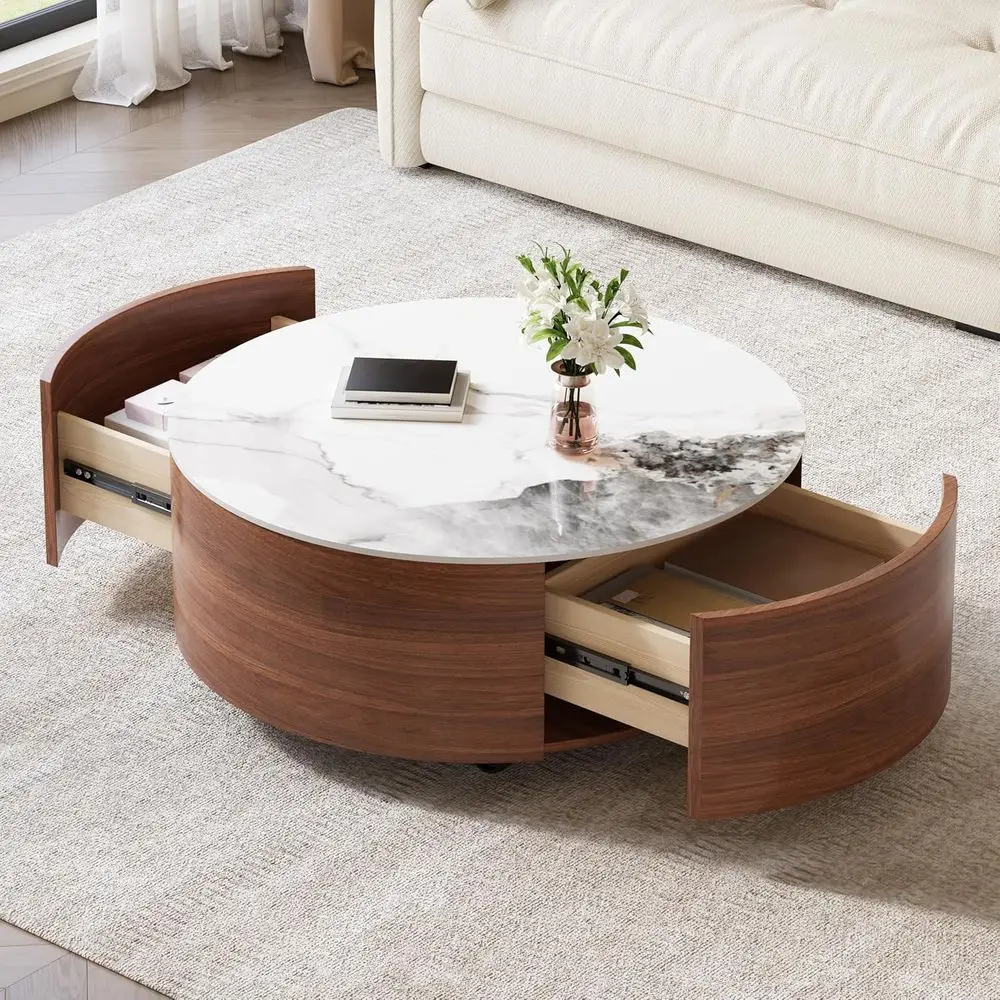 Round Coffee Table with Marble-Patterned Sintered Stone Top and Walnut Finish