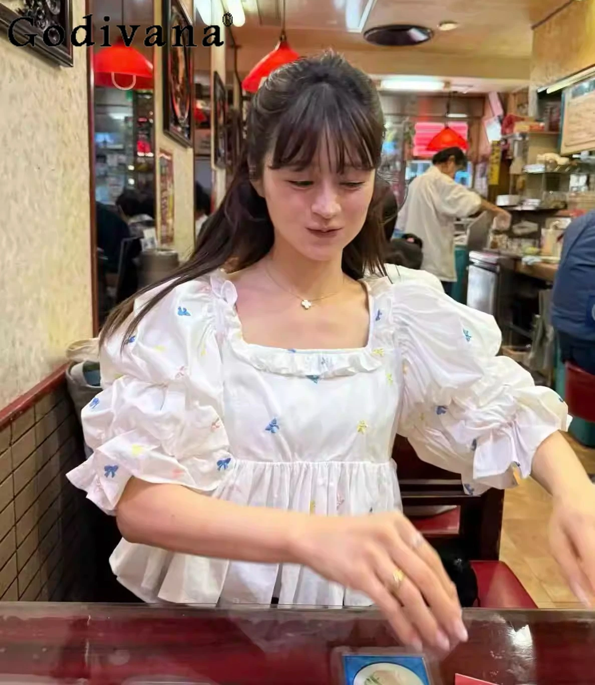 

Japanese Style Fashion Sweet Shirt for Women Girls Slim-Fit Puff Sleeve Embroidered Blouse Lady Daily Casual Tops Blusa Mujer